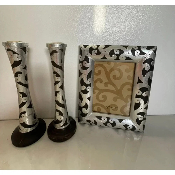 2 Set Handmade Wood Turned Silver Metal Sheet Retro Candle Sticks Picture Frame - Picture 1 of 13